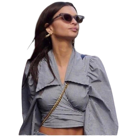 Maison Cleo Blouse XS Black‎ gingham Julie Wrap Tied Back Crop Top Longsleeve 34 - Picture 1 of 10